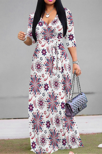 White Casual Street Geometric Print With Belt Contrast V Neck Printed Dresses