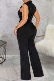 Black Casual Solid Patchwork Chains Half A Turtleneck Skinny Jumpsuits
