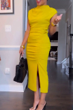 Yellow Celebrities Solid Color Patchwork Slit O Neck Long Dresses