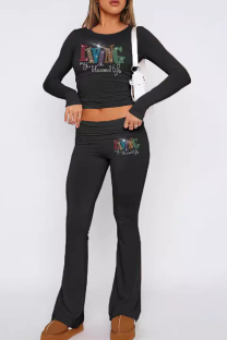 Black Casual Letters Patchwork Hot Drill O Neck Long Sleeve Two Pieces