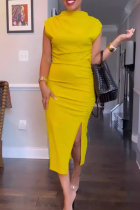 Yellow Celebrities Solid Color Patchwork Slit O Neck Long Dresses