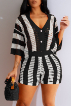 Black Casual Hollow Out Buckle Patchwork V Neck Three Quarter Two Pieces