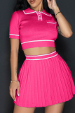 Rose Red Sexy Pocket Buckle Patchwork Pleated Contrast Turndown Collar Short Sleeve Two Pieces