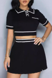 Rose Red Sexy Pocket Buckle Patchwork Pleated Contrast Turndown Collar Short Sleeve Two Pieces