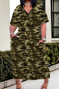 Green Casual Camouflage Print Patchwork V Neck Straight Plus Size Dresses