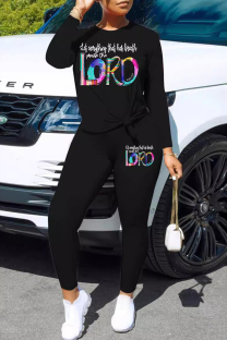 Black Casual Letters Patchwork O Neck Long Sleeve Two Pieces