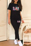 Black Casual Print Patchwork O Neck Short Sleeve Two Pieces
