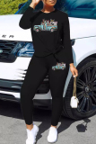Black Casual Print Patchwork O Neck Long Sleeve Two Pieces