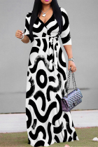 Black Casual Street Geometric Print Lace Up V Neck Printed Dresses