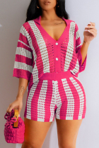 Rose Red Casual Hollow Out Buckle Patchwork V Neck Three Quarter Two Pieces
