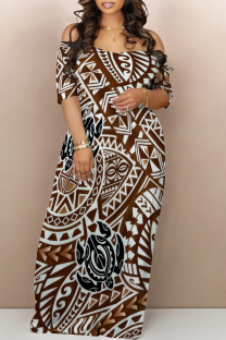 Brown Sexy National Totem Print Off Shoulder Printed Dresses