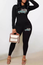Black Casual Print Patchwork O Neck Long Sleeve Two Pieces