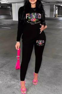 Black Casual Letters Patchwork O Neck Long Sleeve Two Pieces