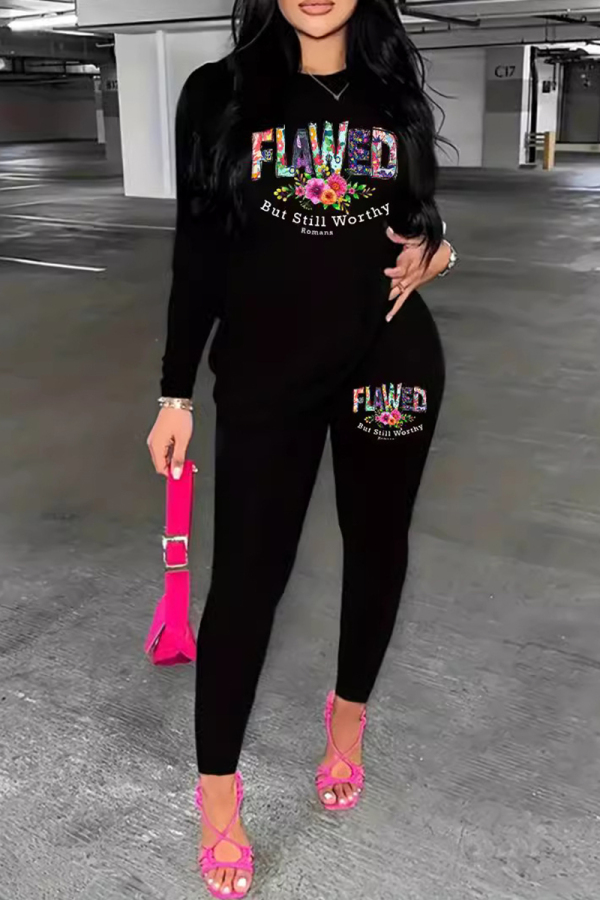 Black Casual Letters Patchwork O Neck Long Sleeve Two Pieces