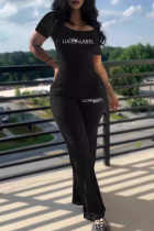 Black Casual Letters Patchwork Hot Drill Square Neck Short Sleeve Two Pieces