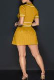 Rose Red Sexy Pocket Buckle Patchwork Pleated Contrast Turndown Collar Short Sleeve Two Pieces