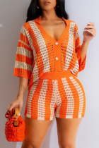 Orange Casual Hollow Out Buckle Patchwork V Neck Three Quarter Two Pieces