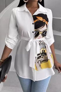 White Casual Print Buckle Patchwork Strap Design Turndown Collar Tops