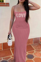 Pink Sexy Letters Patchwork Backless Spaghetti Strap Sling Dresses