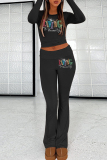 Black Casual Letters Patchwork Hot Drill O Neck Long Sleeve Two Pieces