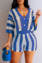 Blue Casual Hollow Out Buckle Patchwork V Neck Three Quarter Two Pieces