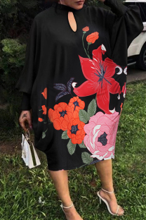 Black Casual Print Hollow Out Patchwork O Neck Straight Plus Size Dresses