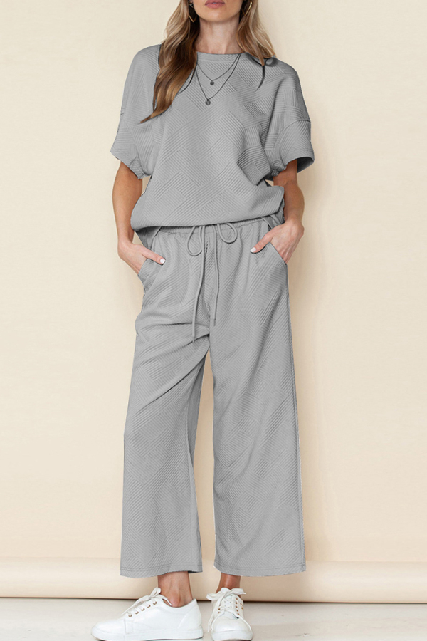 Grey Casual Solid Color Draw String Pocket Patchwork O Neck Half Sleeve Two Pieces