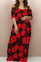 Black Red Casual Print Patchwork Backless Off Shoulder Long Dresses
