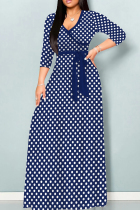 Tibetan Blue Casual Print Patchwork Strap Design V Neck Long Dresses