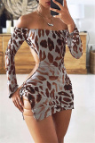 Leopard Print Sexy Print Backless O Neck Long Sleeve Dresses