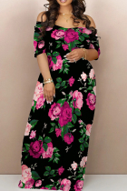 Black Rose Red Casual Print Patchwork Backless Off Shoulder Long Dresses