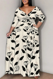 Apricot Casual Daily Flowers Print Lace Up V Neck Printed Plus Size Dresses