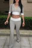 Light Gray Casual Patchwork Contrast Hooded Half Sleeve Two Pieces