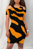 Black Yellow Casual Geometric Print Contrast O Neck Printed Dresses