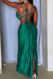 White Celebrities Solid Color Hollow Out Patchwork Backless Ruched Halter Long Dresses