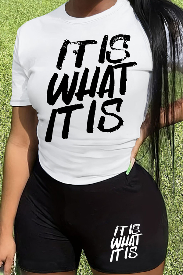 White Casual Letter Print Basic O Neck Short Sleeve Two Pieces