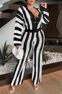 Black Casual Stripe Patchwork Contrast Turndown Collar Long Sleeve Two Pieces