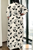 Apricot Casual Daily Flowers Print Lace Up V Neck Printed Plus Size Dresses