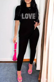 Black Casual Letters Patchwork O Neck Short Sleeve Two Pieces