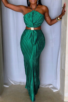 Green Celebrities Solid Color Hollow Out Patchwork Backless Ruched Halter Long Dresses