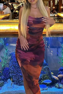 Purple Sexy Print Patchwork Backless Spaghetti Strap Sling Dresses