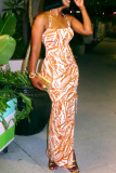 Orange Celebrities Print Hollow Out Patchwork Backless Slit Halter Long Dresses