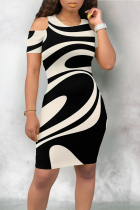 Beige Casual Geometric Print Contrast O Neck Printed Dresses