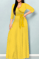 Yellow Casual Print Patchwork Strap Design V Neck Long Dresses