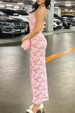Pink Sexy Lace Patchwork See-Through Backless Spaghetti Strap Sling Dresses