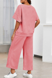 Pink Casual Solid Color Draw String Pocket Patchwork O Neck Half Sleeve Two Pieces