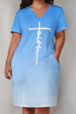Yellow Casual Gradient Print Letter Print Pocket Contrast V Neck Printed Plus Size Dresses