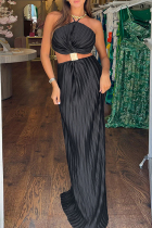 Black Celebrities Solid Color Hollow Out Patchwork Backless Ruched Halter Long Dresses