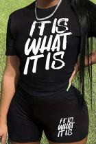 Black Casual Letter Print Basic O Neck Short Sleeve Two Pieces