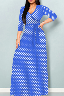 Dark Blue Casual Print Patchwork Strap Design V Neck Long Dresses